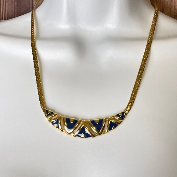 Blue Enamel with Gold Metal Art Deco Link Herringbone Chain Necklace - Picture 1 of 8
